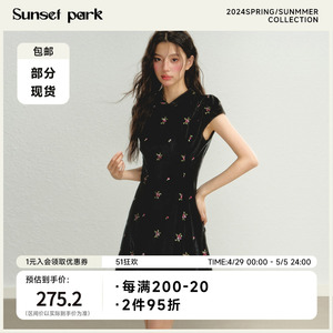 SunsetPark日落公园 原创黑色花卉刺绣丝绒中华Doll感旗袍连衣裙