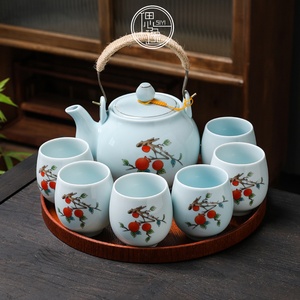 萬事如意提梁壶茶具套装陶瓷家用中式简约小清新粉青功夫茶壶茶杯