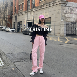 Tristine2022春季新款韩风拖地裤直筒长裤子女甜美可爱少女粉牛仔