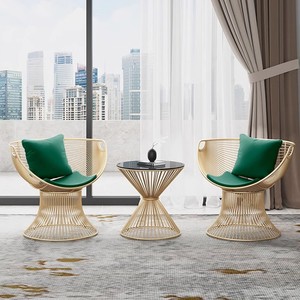 现代休闲铁艺阳台钢化玻璃茶几轻奢风桌椅组合三件套简约靠背椅子