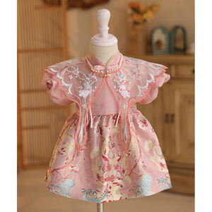 周岁礼服女宝宝夏季短袖抓周唐装公主裙粉色婴儿百日宴冠衣中国风