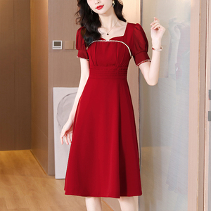 2024新款夏季红色连衣裙时尚名媛气质女人味短袖夏装大码女装裙子