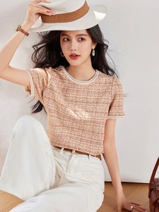 WAT404392夏季2024新款韩版粗花呢格纹圆领套头短袖标准T恤女上衣