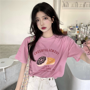 短袖T恤女春装韩版2022新款字母印花粉色百搭宽松学生内搭打底衫
