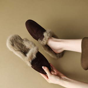 EAST TATA女鞋复古棕色磨砂真皮兔毛包头半拖鞋女冬季外穿乐福鞋