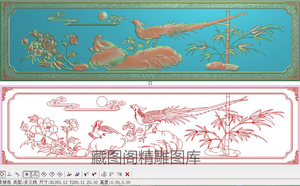 祥云牡丹锦鸡精雕图花鸟山雀沙发床背板灰度浮雕竹子凤凰1050x280