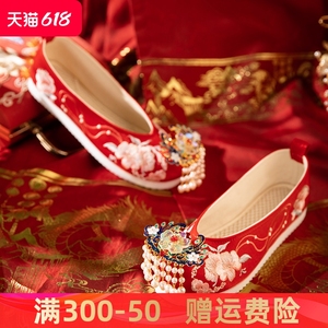 原创古风红色汉服鞋子女复古中式秀禾婚鞋平底新娘结婚绣花鞋布鞋