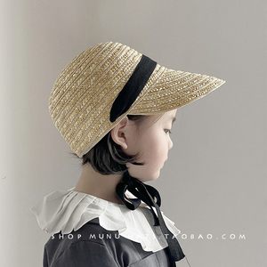儿童帽子韩版草帽洋气夏款草编马术帽宝宝凹造型穿搭帽沙滩遮阳帽