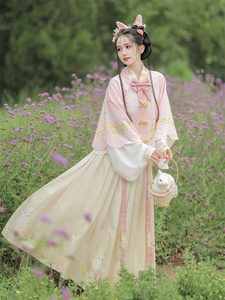 汉服女成人原创春秋款粉色明制对襟方领一片式百褶裙齐腰长款超仙