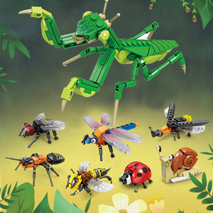 开智昆虫积木拼装玩具小学生男孩子小型益智礼物螳螂蜻蜓动物模型