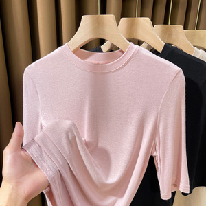 粉色超弹皮肤衣女中袖2024新款莫代尔T恤女短袖薄款内搭打底衫