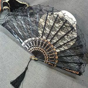 洛丽塔蕾丝扇子中国风旗袍汉服折扇女跳舞蹈扇黑白色复古和风道具