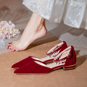平底婚鞋红色孕妇可穿大码秀禾鞋结婚红鞋子女新娘鞋订婚鞋一字带