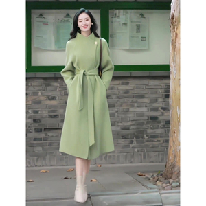 2023冬季新款设计感韩版宽松立领妮子外套女中长款系带毛呢大衣潮