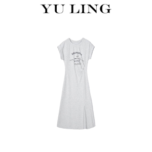 YULING【兔子飞船】卷边袖遮手臂捏褶修身显瘦美式印花T恤连衣裙