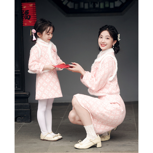 中式亲子装旗袍母女装冬款2024新款女童唐装加绒连衣裙长袖两件套