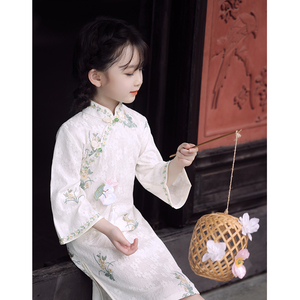 女童旗袍春季2024新款长袖刺绣中国风儿童古筝小女孩古风连衣裙女