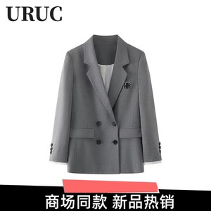 UR UC女2024早春季新款时尚休闲气质复古双排扣西装女学院风外套