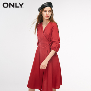 【88狂欢价】ONLY春夏新款红色系带收腰裙子V…