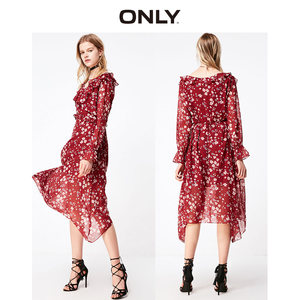 【年货价】ONLY奥莱秋季新款红色V领长裙碎花雪纺连衣裙女|