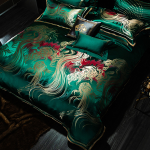 欧式奢华140支长绒棉提花床盖四件套复古绿色刺绣别墅1.8米十件套