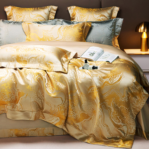 欧式奢华高精密锦缎四件套金色提花被套别墅样板房床单床笠1.8m床