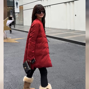 新中式国风复古红色羽绒服女2023新款冬季唐装中长款棉袄棉服外套