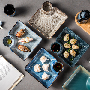 日式饺子盘子带醋碟陶瓷餐具简约创意家用分格寿司装虾薯条方形盘