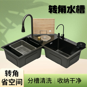 厨房转角水槽异形大拐角洗菜盆双槽手工304不锈钢洗碗水池L型