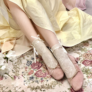 奶白色玫瑰花边袜子夏季薄款少女玛丽珍鞋搭配袜子蝴蝶结蕾丝短袜