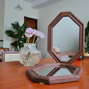 复古风实木镜子原木框化妆镜八角镜子北欧法式梳妆镜樱桃木镜子