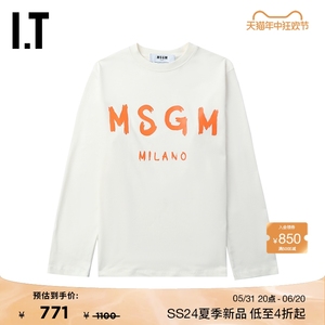 IT MSGM女装合身长袖T恤新款休闲基础款logo印花圆领上衣M51102AM