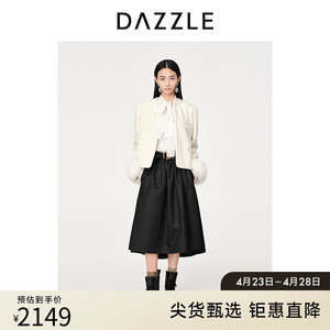 DAZZLE地素奥莱23春新款白色千金风短款毛袖装饰纯羊毛呢外套大衣