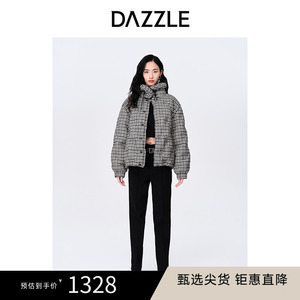 DAZZLE地素奥莱秋冬减龄格纹抽绳短款白鸭绒面包服羽绒服外套女