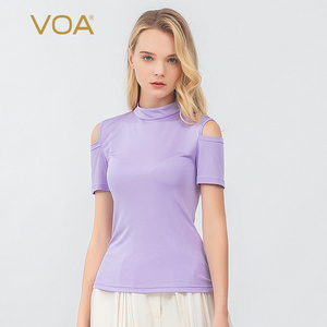 VOA双面真丝针织露肩半高领珍珠扣时尚个性合身高弹减龄短袖T恤