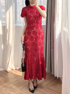 『婚礼进行时』氛围感红色蕾丝礼服裙立体重工花朵刺绣鱼尾连衣裙