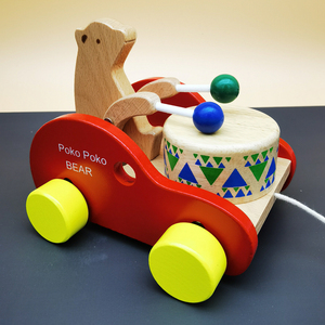 儿童小熊敲鼓拖拉车学步木质手拉线趣味 0-1-2岁幼儿宝宝拉绳玩具
