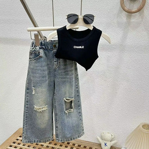 女童夏季牛仔裤套装2024新款儿童韩版洋气女孩夏装时髦童装两件套