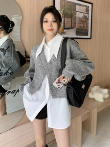 韩系时尚套装女初秋2024新款中长款打底白衬衫灰色毛呢外套两件套