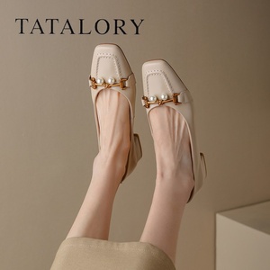 TATA LORY联名女鞋新款一脚蹬低跟珍珠气质方头浅口单鞋温柔皮鞋