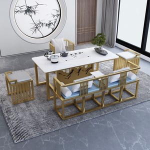 现代简约岩板茶桌椅组合一体家用客厅方形轻奢新中式禅意茶台铁艺