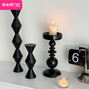 ins风法式玻璃蜡烛烛台意式极简黑色装饰摆件银色实木高级感小众