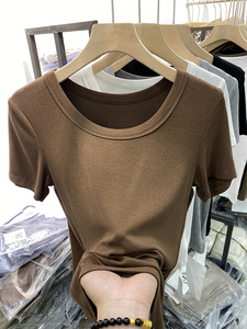螺纹棉露锁骨短袖T恤女2024夏季新纯色简约低圆领修身弹力打底衫