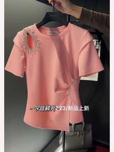 粉色短袖t恤女2024夏季新款女装镶钻重工独特别致小上衣收腰显瘦
