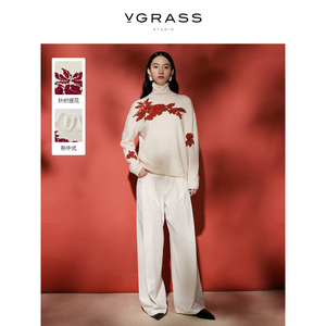 [新中式]VGRASS羊绒羊毛红色提花半高领针织衫冬款白色毛衣女
