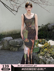 MOXI新中式vintage连衣裙弹力小众设计修身印花长款吊带连衣裙