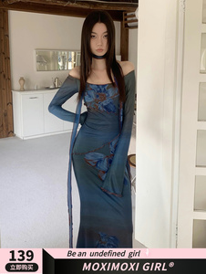 MOXI今年流行漂亮高级感独特秋冬新中式印花网纱两穿修身长连衣裙