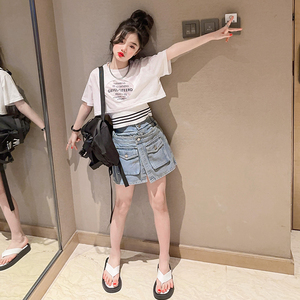 女童超酷拽姐套装2024夏季新款大童时髦韩版牛仔短裤儿童短裙两件