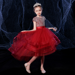 女童高端礼服公主裙花童婚纱小女孩蓬蓬儿童主持人钢琴红色演出服