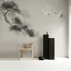现代电视背景墙纸中式意境仙鹤8d壁纸客厅沙发墙布样板间茶室壁画